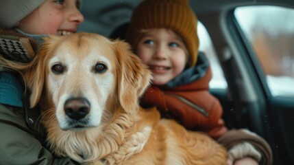 A child and a dog sitting together in a car. Suitable for family, travel, and pet related concepts
