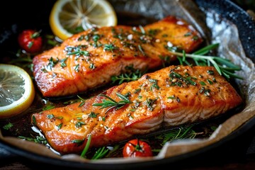 Tasty and fresh cooked salmon fish fillet with lemon and rosemary