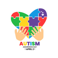 Heart puzzle symbol world autism awareness day with hands illustration poster background design