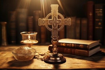 Religious symbols on a rustic wooden surface. Ideal for spiritual and faith-themed projects