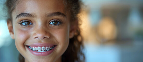 Portrait of a smiling black girl in braces. Panoramic image. Copying the space.