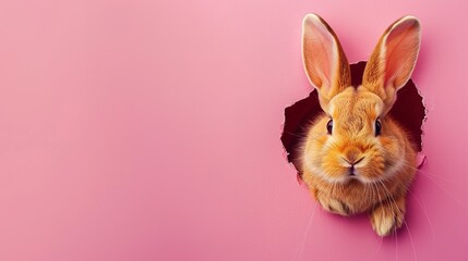 Obraz premium Cute fluffy rabbit on pink background. Generative AI