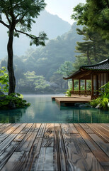 Wooden Deck by a Lakeside Retreat: A Serene Japanese Style Sanctuary