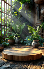 Wooden Podium for Product Display in Tropical Setting with Asian Influence