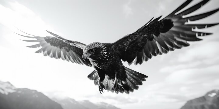 A stunning black and white image capturing a bird in mid-flight. Perfect for nature and wildlife themes