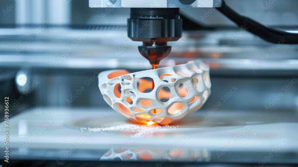 Poster a 3d printer nozzle extrudes material to construct a lattice-designed vase layer by layer