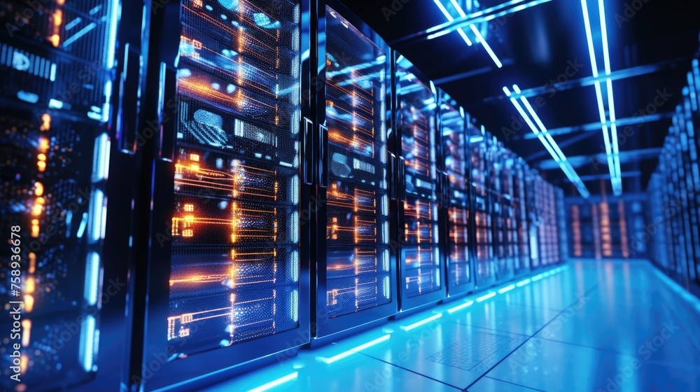 Poster a row of servers in a data center, ideal for technology concepts