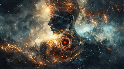 A visually captivating digital artwork melding a human profile with cosmic elements and celestial patterns