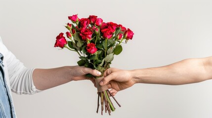 a woman giving a man a manly valentine bouquet, white background 