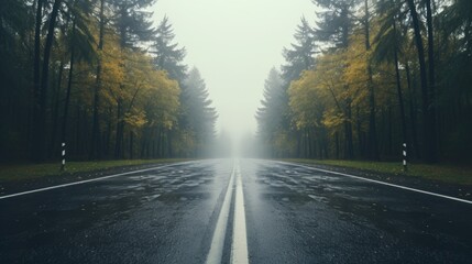 A wet road with trees in the background. Suitable for transportation or nature themes