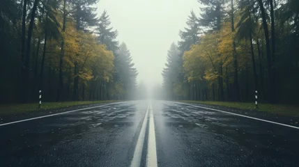 Foto op Plexiglas A wet road with trees in the background. Suitable for transportation or nature themes © Ева Поликарпова