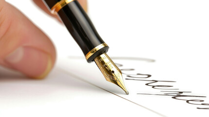 Fototapeta premium A person is writing signature on a piece of paper using a fountain pen in this straightforward and traditional scene