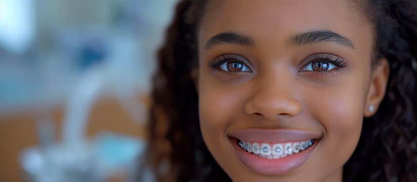Portrait of a smiling black teenage girl in braces. Panoramic image. Copying the space.
