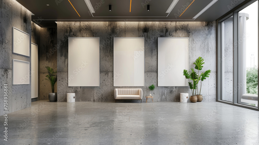 Poster a sleek gallery space featuring empty canvases ready for artwork, complemented by a simple bench and