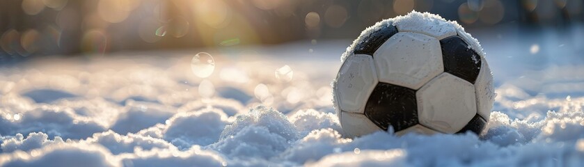 A soccer ball or football is sitting in the snow - obrazy, fototapety, plakaty