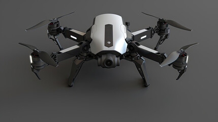 A white and black flying object hovers above a smooth gray surface, casting a shadow beneath it