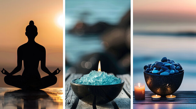 A series of photos featuring a Buddha statue and a bowl filled with blue rocks