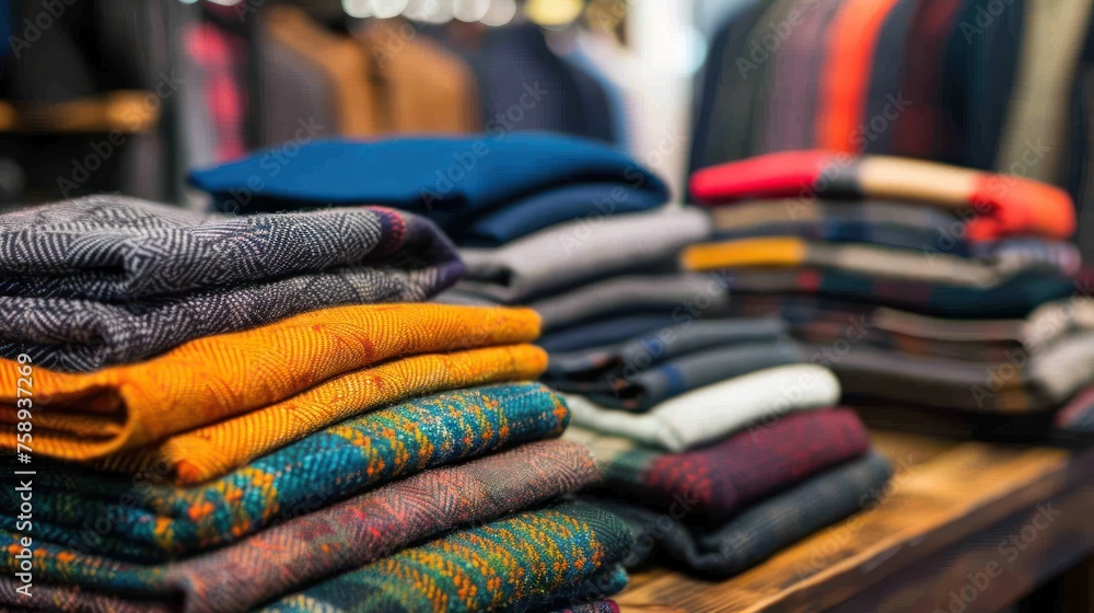 Poster angled view of some folded apparel on a display table
