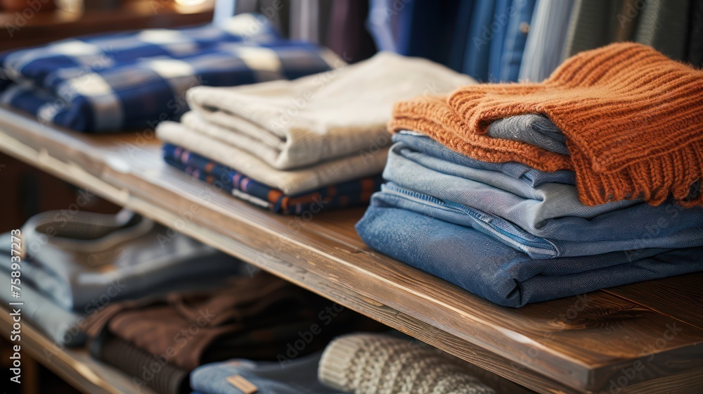 Aufkleber angled view of some folded apparel on a display table