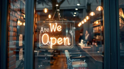 Foto auf Acrylglas An eye-catching "We Are Open" sign displayed on the door of a modern barbershop. © sambath