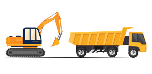 Excavator and dump truck | Construction machinery | Isolated vector illustrations set on white background
