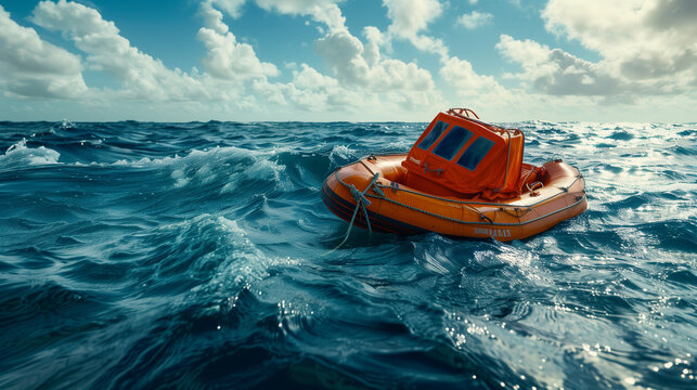 A lifeboat in the midst of the ocean, tossed by turbulent waves.