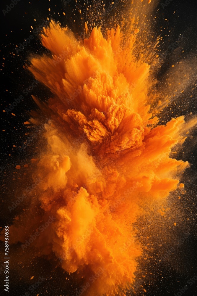 Poster orange powder exploding in the air, ideal for dynamic and energetic concepts