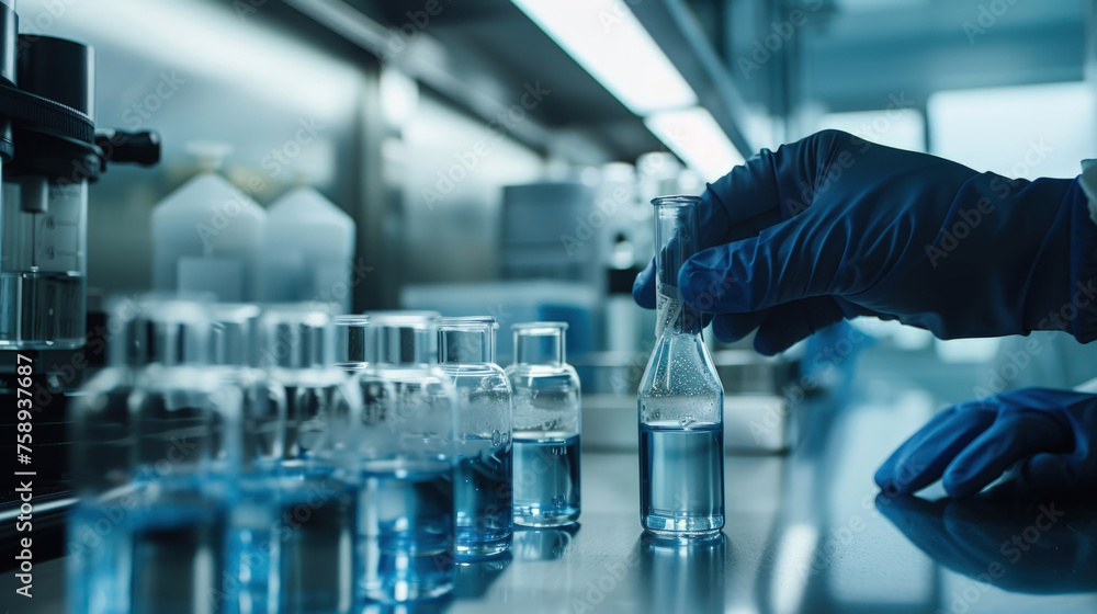 Poster a person in a lab coat and gloves is holding a flask filled with liquid, conducting an experiment in