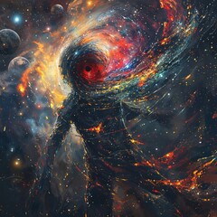 The image showcases a cosmic vortex with fiery strands, conveying the raw power and beauty of galactic phenomena
