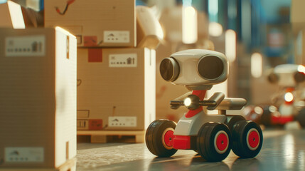 A small robot is seated on a table, surrounded by boxes. The robot appears stationary and inanimate