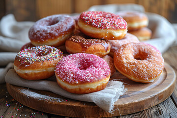 pink donuts, one on top of the other. Everyone has a different topper icing, colorful sprinkles