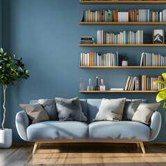 Modern design home interior of living room with Sofa and book stand against