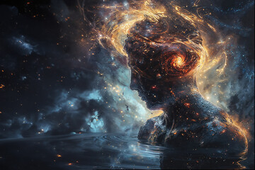 A human silhouette is enveloped by a fiery spiral galaxy, symbolizing the monumental scale and energy of the universe