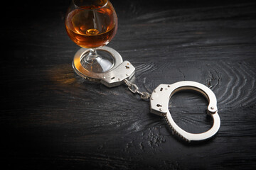 Handcuffs with a glass of cognac.