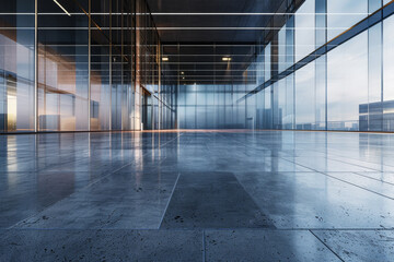 Horizontal view of empty cement floor with steel and glass modern building exterior. 