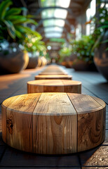 Round Wooden Seating Benches in Outdoor Shopping Mall Basking in Sunlight and Nature