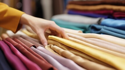 Person choosing from a variety of colored shirts. Perfect for fashion or shopping concepts - obrazy, fototapety, plakaty