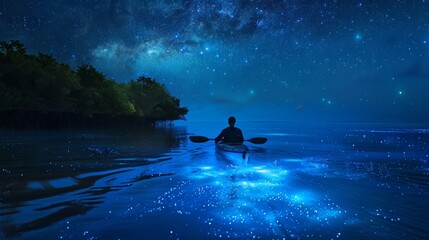 A man in a canoe paddling through the night under starry skies, AI