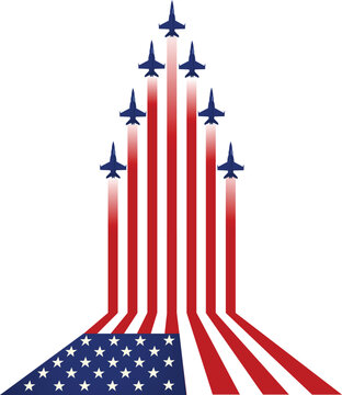 Eagle fighter jet plane taking off during exercise and USA flag