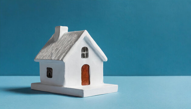 Miniature house model. Real estate, property and home. Blue background.