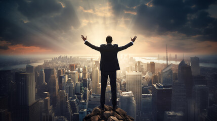 Skyline Success: Silhouetted figures with outstretched arms against the city skyline at sunset, embodying the concept of success and freedom