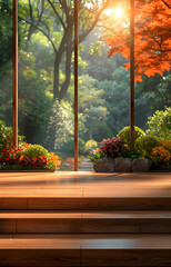 Fototapeta na wymiar Wooden Terrace Overlooking a Vibrant Garden in Japanese Architecture