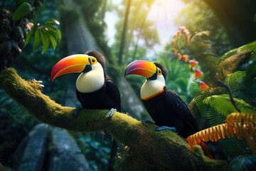 Two colorful toucans perched on a branch in a lush jungle setting. Suitable for tropical themed designs