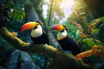 Wandcirkels aluminium Two colorful toucans perched on a branch in a lush jungle setting. Suitable for tropical themed designs © Ева Поликарпова