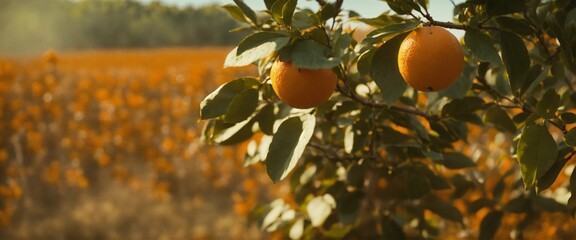 close up of orange in the tree in a blurred orange field, cinematic shot, realistic, film grain, volumetric light, IMAX, photorealistic, hyperdetailed textures, sharp focus, studio photo