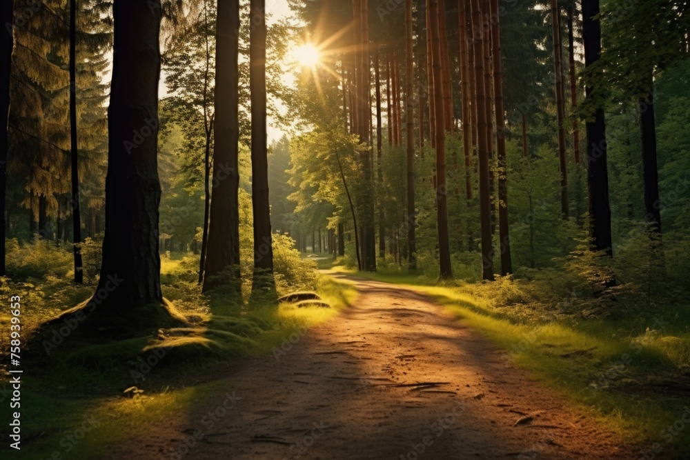 Poster Sunlight filtering through dense forest canopy. Ideal for nature and environment concepts