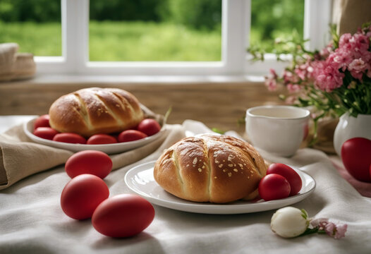 Easter still greek view austrian spring traditional ostern linen tablecloth tsoureki zopf eggs window table life red bread Food Egg Tradition Cake Orthodox