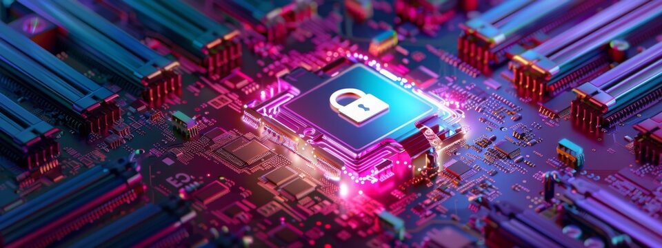 secure connection or cybersecurity service concept of compute motherboard closeup and safety lock with login and connecting verified credentials as wide banner design - 