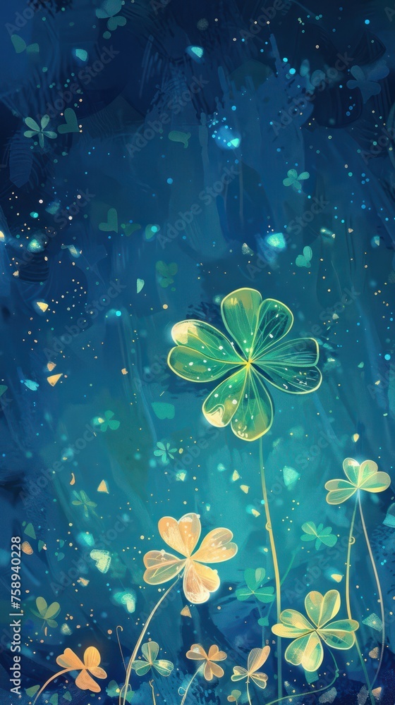 Poster solid dark green background with lots of free space with a bit of a realistic small photo of cloverl