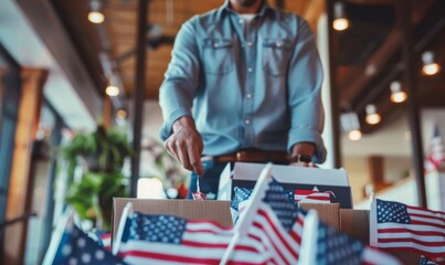 An American voter prepares to vote surrounded by US flags